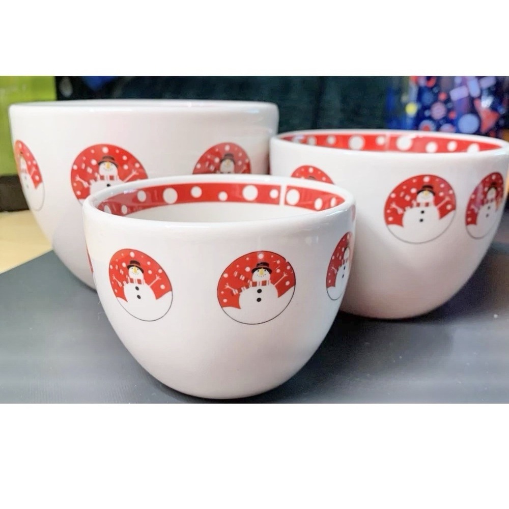 Vtg Century Snowman Christmas Nesting Mixing Bowl Set of 3 Red White Polka Dot‎